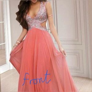 BETSY & ADAM Cut-out Sides A-line V-neck Beading Prom Long Deess